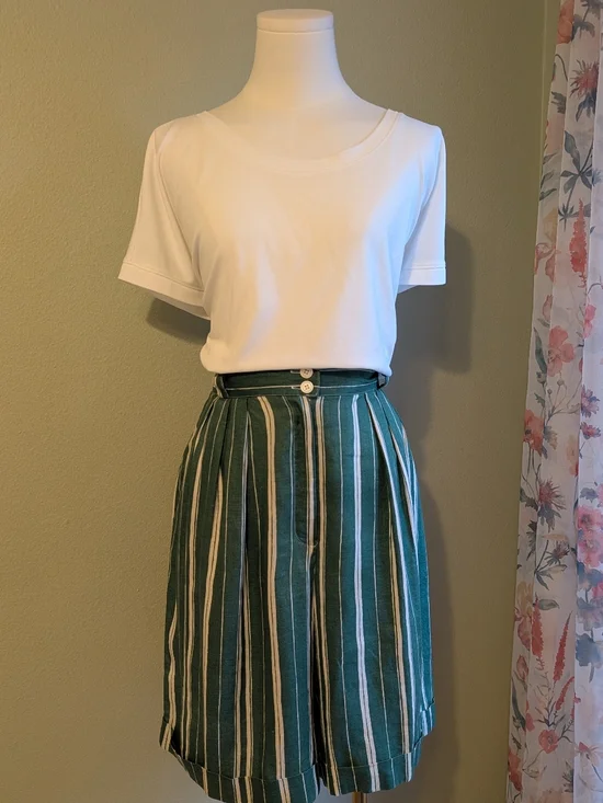 Vintage 80’s High Waist Walking Shorts Jorts 100% Linen Striped Green Ivory 12 - Picture 9 of 12